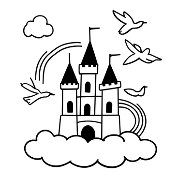 A towering castle with tall spires and intricate stonework sits majestically on a fluffy white cloud. The castle has arched windows and a large entrance gate, giving it a grand appearance. Surrounding the castle, multiple birds are soaring through the air, their wings spread wide. A series of rainbows arc gracefully in the background, adding a sense of wonder to the scene. The entire composition is filled with dynamic movement, emphasizing the height of the castle and the flight of the birds.