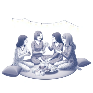 A group of several girls sitting on a cozy floor surrounded by soft blankets and pillows. Each girl is wearing distinct pajamas with various patterns and designs. They are laughing and engaging in lively conversation. In front of them, there is an assortment of snacks served on a large platter, including popcorn, cookies, and candies. A couple of the girls are reaching for treats, while others are animatedly sharing stories. In the background, a string of fairy lights adds a warm atmosphere to the scene.