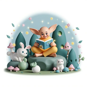 Dobby, the house-elf, is sitting cross-legged on a large, moss-covered rock in a whimsical forest. He is holding an open book with colorful illustrations, his large ears perked up in excitement as he reads aloud. Surrounding him are a group of enchanted animals, including a fluffy white bunny with large blue eyes, a small green dragon with shimmering scales, and a wise old owl perched on a nearby branch. The forest is filled with vibrant flowers, glowing mushrooms, and twinkling lights that create a magical atmosphere. The animals are attentively listening, their faces filled with wonder as Dobby shares the story.