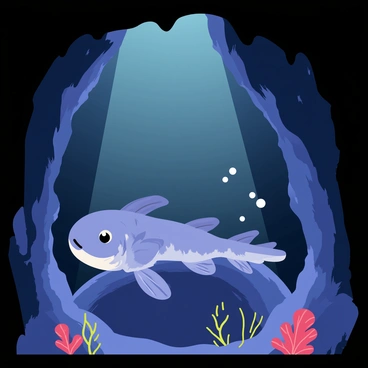 A coelacanth with a blue-grey body and distinctive lobed fins is resting on a rocky outcrop inside a mysterious deep-sea cave. The cave is illuminated by soft, ethereal light coming from bioluminescent algae on the walls, casting a gentle glow on the coelacanth. Surrounding the fish are various shades of dark blue and green, representing the deep ocean environment. Jagged rock formations and small coral clusters frame the scene, emphasizing the cave's secluded atmosphere. Bubbles gently rise around the coelacanth, adding life to the tranquil setting.