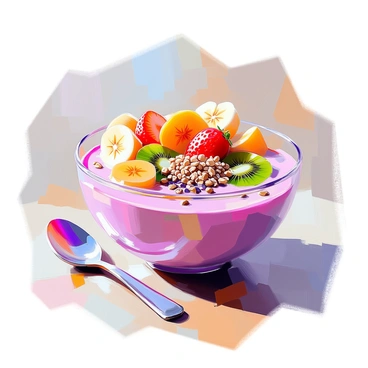 A smoothie bowl with a smooth, vibrant base in shades of pink and purple. The top of the bowl features an artistic arrangement of sliced fruits, including bright yellow bananas, deep red strawberries, and vibrant green kiwi. Small clusters of chia seeds and sunflower seeds are sprinkled over the fruits, adding texture and contrast. The bowl is placed on a wooden surface, with a spoon resting beside it, inviting a closer look at the colorful toppings.