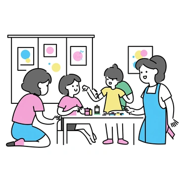 A classroom filled with natural light, featuring colorful artwork displayed on the walls. In the center, an ATSEM, a middle-aged woman with shoulder-length brown hair, kneels beside a small table. She is wearing a blue apron and helping a group of three children, aged around six, as they engage in an art project. The children, two boys and a girl, are focused on painting with bright colors. One boy, wearing a red t-shirt, holds a paintbrush, while the girl, in a yellow dress, shows her painted creation to the ATSEM. The second boy, clad in a green shirt, is mixing colors on a palette. Scattered art supplies, such as paint tubes and brushes, are visible on the table.