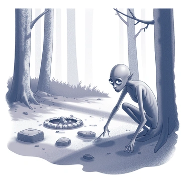A thin figure crouches low in the underbrush, peering through the foliage. This is Gollum, with his large, bulging eyes and emaciated frame, observing a deserted camp in a forest clearing. The campsite features an unlit fire pit surrounded by scattered stones. A few pieces of tattered fabric, likely remnants of a tent, are strewn about, fluttering slightly in the breeze. Tall trees surround the clearing, their trunks thick and gnarled, while the ground is covered with a layer of fallen leaves and moss. Shadows stretch across the scene, creating a sense of abandonment and mystery. The atmosphere is filled with an eerie silence, broken only by the occasional rustling of leaves. Gollum's expression is one of keen curiosity, his thin fingers curling around a tree root as he watches intently.