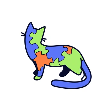 A tattoo design featuring a cat silhouette. The silhouette is filled with interlocking puzzle pieces in various shades of blue, green, and orange. The pieces have a glossy finish, giving them a slightly reflective quality. The edges of the cat silhouette are smooth and well-defined.