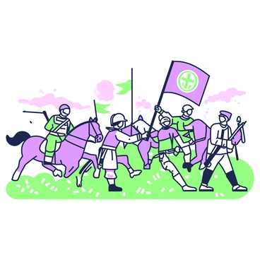 A historical battle scene is depicted on a one-eight illustration board. In the center, a group of soldiers is engaged in combat, wearing uniforms typical of the era. Some soldiers are holding rifles while others wield swords. Flags are prominently displayed, with one soldier raising a large flag that features an emblem. The background shows a chaotic landscape with smoke and debris, suggesting the intensity of battle. Nearby, a horse can be seen galloping, carrying a rider wearing a helmet. The scene captures the dynamic movement and urgency of the battle.