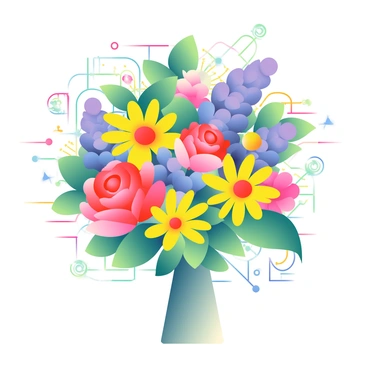 A bouquet of flowers with petals and leaves glitching into vibrant digital patterns