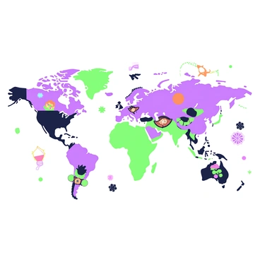 A world map featuring various countries with highlighted regions indicating famous cultural festivals. Each country on the map is accompanied by symbols representing its unique festival, such as a "dragon" for the Chinese New Year in China, a "samba dancer" for Carnaval in Brazil, and a "colorful kite" for Diwali in India. In the background, small icons reflect other local festivities, like a "music note" for Jazz Fest in New Orleans and a "flower" for the Cherry Blossom Festival in Japan. The map displays geographical borders and includes a compass rose in one corner for orientation.