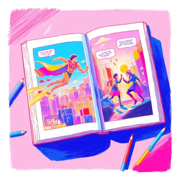 An open graphic novel lays flat on a surface. The left page shows an illustrated panel depicting a heroic figure in mid-leap, wearing a flowing cape and a determined expression. The character's muscles are tensed as they soar through the air, dodging a series of colorful projectiles flying towards them. The right page displays another panel with a dramatic confrontation between two characters, surrounded by explosive bursts and dynamic movement lines. The background features a cityscape with tall buildings and a sunset sky. The text boxes within the panels contain dialogue, enhancing the tension of the scene.