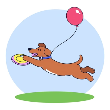 A medium-sized dog with a shaggy brown coat is leaping through the air. Its ears are flopping and its mouth is open in excitement. The dog is poised to catch a colorful balloon that is floating above it. The balloon is red with a string trailing down, and it is caught in the dog's jaws instead of the Frisbee that is visible just below it. The background is a grassy field under a clear blue sky.