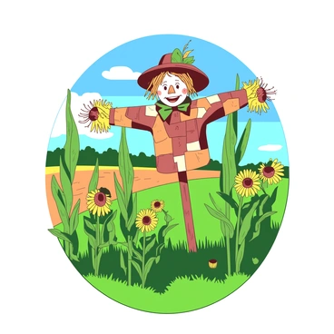 A whimsical scarecrow with a wide-brimmed hat and patchwork clothing stands proudly in a vibrant green field. The scarecrow's arms are outstretched, with one hand holding a colorful sunflower. Surrounding the scarecrow are tall corn stalks swaying gently in the breeze, their vibrant green leaves contrasting against the sunlit sky. Bright yellow sunflowers bloom nearby, their large faces turned towards the sun. The scene captures a cheerful, rural atmosphere with a clear blue sky above.