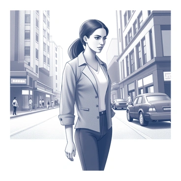 A woman is standing on a busy city street. She has a confident posture, with her shoulders back and head held high. Her facial expression is determined, showcasing a sense of purpose. She is wearing a stylish outfit that fits the urban environment, and there are buildings and shops visible in the background, contributing to the city atmosphere. The street is bustling with activity, with pedestrians walking by and vehicles in motion.