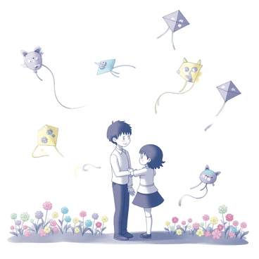 Kaede and Suzu are standing together at a spring festival. They are surrounded by various colorful kites flying in the sky. The kites are shaped like different animals, each with intricate designs. Below them, vibrant flowers are blooming across the field, creating a lively and cheerful atmosphere. Kaede is holding a kite string, while Suzu is admiring a cluster of flowers nearby. The scene captures the essence of a joyful spring day, filled with playful energy and natural beauty.