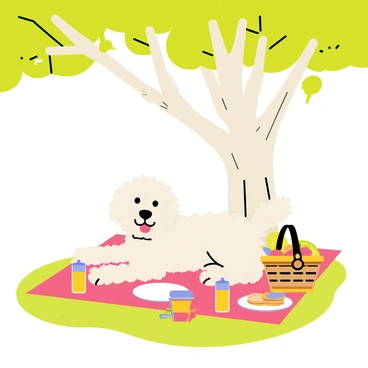 A cheerful labradoodle with a fluffy coat and a wagging tail is lounging on a colorful picnic blanket. The blanket is spread out on green grass, with a variety of picnic items like a basket filled with fruits, a plate of sandwiches, and a bottle of lemonade arranged nearby. Above, a big tree provides ample shade, with its thick branches extending widely and bright green leaves filtering the sunlight. The scene conveys a relaxed and joyful atmosphere, perfect for a summer picnic.