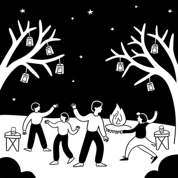 A night scene featuring numerous "lanterns" hanging from tree branches, illuminating a grassy area where people are dancing. A group of individuals dressed in festive attire twirl and spin, their movements creating a sense of energy and joy. In the background, a "bonfire" flickers, casting shadows and light, surrounded by small tables adorned with various decorative items. Stars are visible in the night sky above, adding to the enchanting atmosphere of the festival.