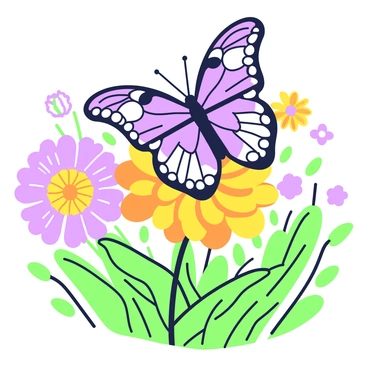 A butterfly with detailed wings resting on a calendula flower. The butterfly is positioned delicately atop a vibrant orange flower with layered petals. Surrounding the flower, there are green leaves that add depth to the scene. In the background, there are additional flowers and foliage that create a natural garden setting, filled with sunlight casting gentle shadows. The butterfly displays intricate patterns and markings on its wings that enhance its presence.