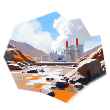A geothermal power plant situated among rugged volcanic rock formations, with steam visibly rising from the ground. The plant features large pipes and machinery, integrating seamlessly into the natural landscape. Surrounding the facility are scattered dark stones and patches of sparse vegetation, emphasizing the geothermal activity in the area. The steam is white and billowing, contrasting against the earthy tones of the volcanic rock. The sky is clear, creating a bright atmosphere above the power plant.