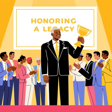 Nelson Mandela stands on a grand stage, wearing a formal suit and a bright smile. He holds a prestigious award, a shiny gold trophy with intricate designs, raised high in his right hand. Behind him, a large banner displays the words "Honoring a Legacy" in bold letters. The audience, composed of diverse individuals in formal attire, claps enthusiastically. Bright lights illuminate the stage, creating a vibrant atmosphere filled with joy and celebration.