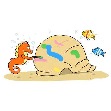 A small seahorse with a vibrant orange body is using its curled tail to hold a paintbrush. The seahorse is applying bright blue and green paint onto a large, spiraled seashell resting on the sandy ocean floor. The seashell is decorated with intricate patterns of yellow and pink, showcasing the seahorse's artistic creations. Tiny bubbles are rising around the seahorse as it concentrates on its work, and a few colorful fish are swimming by, curiously observing the scene. The water is clear, allowing a view of the sandy substrate below.