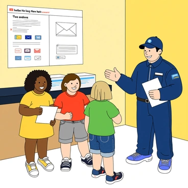 A cheerful mailman with light skin and a blue postal uniform stands inside a bright and colorful post office. He is demonstrating to a group of three children how to send letters. The first child, a girl with curly black hair wearing a yellow dress, is holding a letter with an excited expression. The second child, a boy with short brown hair in a red t-shirt, is watching closely, his hands clasped in anticipation. The third child, a girl with straight blonde hair wearing a green shirt and denim shorts, is holding a small envelope. Behind them, there is a counter with various postal supplies, including stamps and boxes, and a large poster on the wall illustrating how to send a letter. The overall atmosphere is lively and engaging.