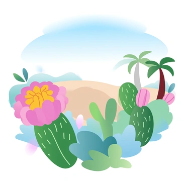 A vibrant cactus flower is blooming prominently in the center of the image, showcasing bright pink and yellow petals. Surrounding the flower is a collection of green cactus plants with varying shapes and sizes. In the background, a desert oasis is visible, featuring gentle sand dunes and patches of lush greenery. Tall palm trees are scattered around the oasis, adding to the landscape. Above, a clear blue sky stretches across the scene, free of clouds, enhancing the vibrancy of the colors present in the flowers and vegetation.