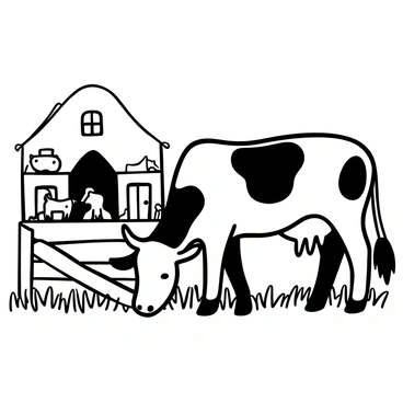 A spotted cow standing next to a wooden fence, which features intricate black-and-white illustrations of barnyard scenes. The cow is grazing calmly, with its body showcasing distinct black spots against a white coat. The fence displays detailed scenes of farm life, including a silhouette of a barn, a tractor, and various farm animals. The grass below the cow is lush and textured, enhancing the rural setting.