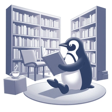 A penguin named "Feathers McGraw" is seated comfortably in a cozy library. He is holding a giant book open in his flippers, fully engrossed in reading. The library has numerous tall shelves filled with various books, some prominently displayed with their spines visible. The atmosphere is warm and inviting, with soft light illuminating the space. The floor is made of polished wood, and a plush rug is placed in front of the seating area. There are several comfortable chairs scattered around, and a small table nearby with a steaming cup of tea resting on it.