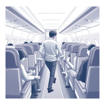 A passenger taking a stroll down the airplane aisle during a flight