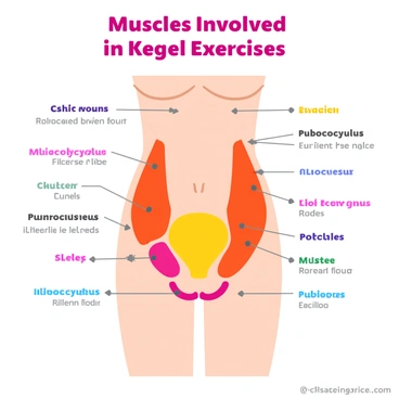 A detailed anatomical chart featuring the human pelvic region. The chart prominently displays the muscles involved in Kegel exercises, including the pelvic floor muscles such as the pubococcygeus and iliococcygeus. Each muscle is labeled clearly, with arrows indicating their locations and functions. The chart has a clean, educational layout, showcasing the muscles in various colors to differentiate between them, and includes a title at the top that reads "Muscles Involved in Kegel Exercises" in bold letters.