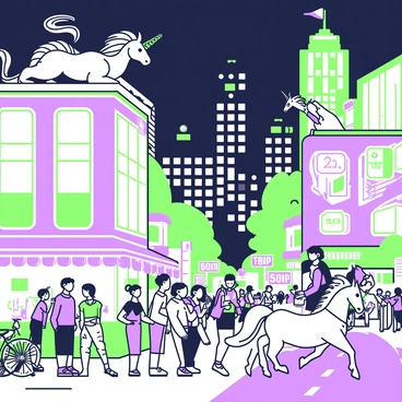 A bustling cityscape at night filled with activity and life. Skyscrapers tower over the streets, illuminated by neon signboards with various messages. People walk along the sidewalks; some are chatting, while others are engrossed in their phones. Among them, there are mythical creatures such as a dragon with shimmering scales and a unicorn with a flowing mane, interacting with the crowd. The dragon is perched on a building's ledge, while the unicorn trots gracefully beside a group of onlookers. Street vendors sell food from brightly lit carts, and a few bicycles are parked nearby. The atmosphere is vibrant with a mix of human and mythical presence.