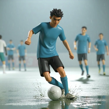 A soccer player, wearing a soaked blue jersey, is intensely focused on the game as he dribbles a muddy soccer ball with his right foot. His black shorts cling to his legs due to the rain, and droplets are splashing around him. The player has short, dark hair that is slick and shiny from the rain, and his expression shows determination. Rain is pouring down heavily, creating a glossy sheen on the field and splattering around his cleats as he moves. In the background, blurred silhouettes of teammates and opposing players can be seen, all engaged in the match.