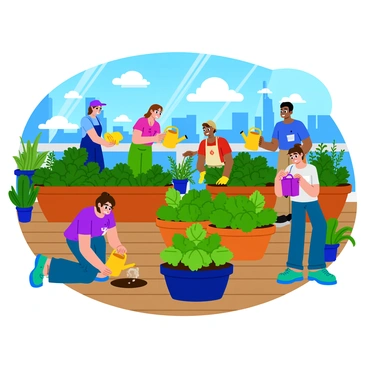 A vibrant urban rooftop garden filled with a variety of people tending to plants. The scene features large, colorful containers overflowing with leafy green vegetables and aromatic herbs. Some individuals are kneeling on the wooden deck, carefully planting seedlings, while others are watering the plants with bright watering cans. A few people are standing, discussing their gardening techniques while enjoying the city skyline in the background. Sunlight pours over the rooftop, illuminating the lush greenery and creating a lively atmosphere.