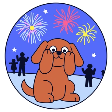 A brown dog with floppy ears is sitting on the ground, covering its ears with its front paws. The dog's eyes are wide, and it has a slightly startled expression. In the background, colorful fireworks are exploding in the night sky, creating bright bursts of red, blue, and yellow. The scene is set outdoors, with a few silhouettes of people celebrating nearby. The fireworks light up the surroundings, casting a warm glow on the dog's fur.