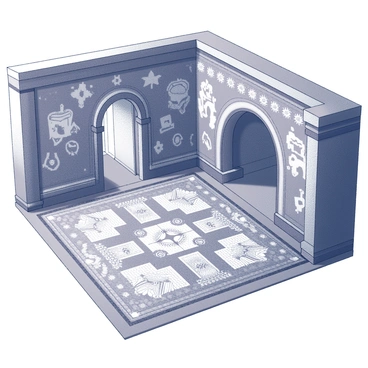 A chamber with a large, intricate mosaic covering the entire floor. The mosaic features various geometric patterns and scenes that narrate a forgotten legend. There are mythical creatures depicted in the design, along with symbols and motifs representing ancient lore. The individual tiles of the mosaic are carefully arranged, creating a sense of depth and texture. The surrounding walls of the chamber are adorned with stone carvings that complement the artistry of the floor. The atmosphere in the chamber is filled with a sense of history and mystery.