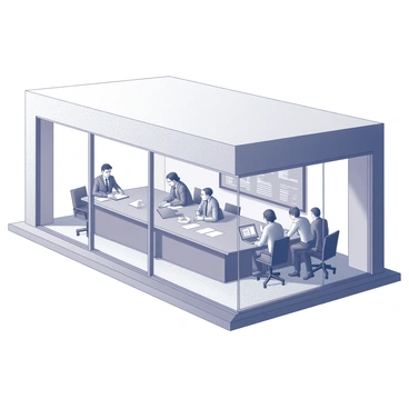 An annex of a government building with a modern architectural design. The structure has large glass windows allowing natural light to filter in. Inside, a group of officials is seated around a long rectangular table, engaged in a meeting. There are documents and laptops on the table, and some officials are taking notes while others are actively discussing. The room features minimalistic decor with a large screen on one wall displaying data or presentations relevant to the meeting.
