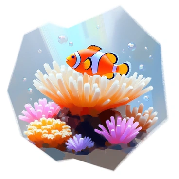 A clownfish with bright orange and white stripes is darting in and out of a lush, green sea anemone. The anemone's tentacles are swaying gently in the water, creating a dynamic environment. Surrounding the clownfish and anemone, there are various colorful corals, including pink, purple, and yellow hues, forming a vibrant coral ecosystem. Small bubbles float past, adding movement to the scene, while rays of sunlight penetrate the water, illuminating the underwater habitat.