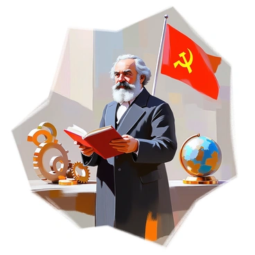 A symbolic illustration depicting "Karl Marx" with a thoughtful expression, dressed in 19th-century attire, including a dark coat and a light-colored shirt. He is standing in a confident pose, with an open book in his hands. In the background, various symbols of communism are present, including a red flag featuring the hammer and sickle, a globe representing internationalism, and gears symbolizing industrial labor. The composition features a muted color palette to enhance the significance of the symbols surrounding him.