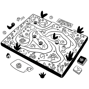 A board game laid out on a table, depicting a jungle setting. The game board features a variety of paths winding through "dense foliage," with illustrations of trees, vines, and exotic plants. Several "explorer tokens" are placed along the paths, showcasing different designs such as hats and backpacks. Around the board, there are small pieces representing various jungle creatures, like snakes and birds, placed strategically within the foliage. The game includes dice and cards stacked neatly at one corner, completing the setup for an adventurous exploration theme.