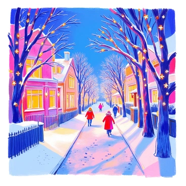 A street is lined with trees adorned with "twinkling lights" that create a festive atmosphere. The ground is covered with a "layer of fresh snow" that sparkles under the lights. In the background, there are quaint buildings with "snow-dusted roofs" and frosted windows. A few people bundled in winter clothing walk along the sidewalk, leaving "footprints in the snow." The scene conveys a cozy and inviting winter evening.