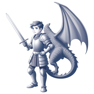 A young warrior in full armor stands confidently, gripping a sword firmly in one hand. The armor is intricately detailed, featuring engraved designs and protective plating that gleams in the light. Beside him, a large dragon towers, its scales reflecting hints of dark texture and definition. The dragon's wings are partially unfurled, showcasing its impressive wingspan. The warrior's gaze is focused and determined, ready for battle, while the dragon's fierce expression complements the sense of readiness. There is a strong sense of partnership between the two, with the warrior and dragon poised for action in a battle-ready stance.