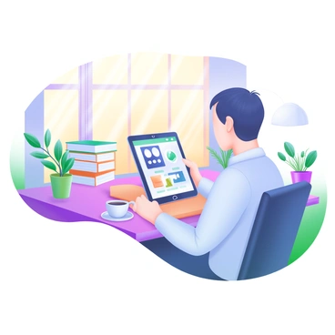 A UI/UX designer sits at a sleek wooden desk, focused on creating a mobile app interface on a digital tablet. The tablet screen displays colorful app designs and icons. The designer has short, dark hair and is wearing a light blue shirt. Sunlight streams in through a large window, casting warm light onto the scene. In the background, there are potted plants and a stack of design books on the desk. A small cup of coffee sits beside the tablet, adding to the creative atmosphere.