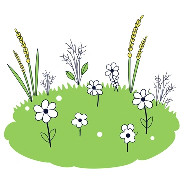 A meadow with a variety of flannel flowers scattered throughout. The flowers have soft white petals and appear delicate. Tall grasses grow in clusters, swaying gently in the breeze. The ground is covered in vibrant green grass, creating a lush backdrop for the flowers.