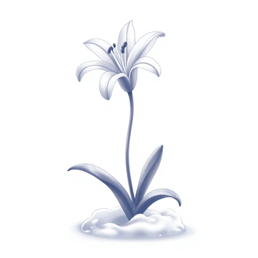 A white lily with delicate petals is blooming amidst a blanket of fresh snow. The lily stands tall, its elongated stem reaching upward, surrounded by untouched snowflakes that cover the ground. The snow sparkles under soft light, creating a tranquil scene in contrast to the vividness of the blooming flower. Small snowdrifts form around the base of the lily, emphasizing its resilience and beauty in a winter landscape.