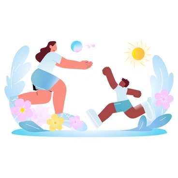 A babysitter wearing a light t-shirt and shorts is throwing a colorful ball to a young child in a sunny backyard. The child is running energetically towards the ball, wearing a bright cap and shorts. Surrounding them are various blooming flowers in shades of pink, yellow, and blue, creating a vibrant landscape. The sun is shining brightly, illuminating the scene with warm light. A few trees are visible in the background, adding to the lively atmosphere of the backyard.