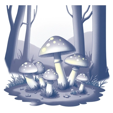 A cluster of mushrooms with luminescent caps scattered on the forest floor. The mushrooms vary in size, with some taller and more prominent among the others. The surrounding area features detailed foliage, including various leaves and small plants, adding texture to the ground. The background has towering trees with twisted branches reaching upward, their silhouettes visible against the dimming light of dusk. Shadows play across the forest floor, contrasting with the glow of the mushrooms, creating an enchanting atmosphere.