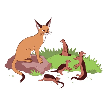 A teal caracal with sharp ears is sitting on a rock, casually observing a group of small brown meerkats playing in the grass nearby. The meerkats are standing upright, some of them are playfully chasing each other while others are peeking out of their burrows. Sunlight casts gentle shadows on the ground, creating a lively atmosphere around the scene. The caracal remains still, its eyes focused on the meerkats, showcasing a moment of calm amidst the playful activity.