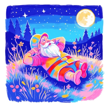 A dwarf with a braided beard and wearing a sturdy helmet is lying on a patch of grass. He is clad in armor that reflects his adventurous spirit. His arms are behind his head, and his eyes are wide, gazing up at a blanket of stars twinkling in the night sky. Around him, the grass is lush and green, and a few wildflowers peek through. The moon casts a soft glow, illuminating his face as he contemplates life. In the distance, there are silhouettes of trees, and the air is calm.