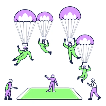 A group of trainees is practicing free-fall in a designated training ground. In the sky above, several parachutes are deployed, showcasing a variety of designs and patterns. Each trainee is wearing a helmet and an appropriate jumpsuit, with their arms and legs extended as they descend. The training ground below has marked landing zones, with individuals on the ground observing and ready to assist. The scene reflects a dynamic training atmosphere, highlighting the skill and focus of the trainees.