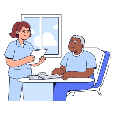 A nurse is standing next to a patient seated on a hospital bed in a clinic room. The nurse has short brown hair and is wearing a light blue scrubs uniform. She is holding a clipboard and looking attentively at the patient. The patient, who appears to be a middle-aged man, has a concerned expression and is wearing a hospital gown. On the bedside table, there are pamphlets about tuberculosis and a glass of water. The room is well-lit with a window showing a clear sky outside.