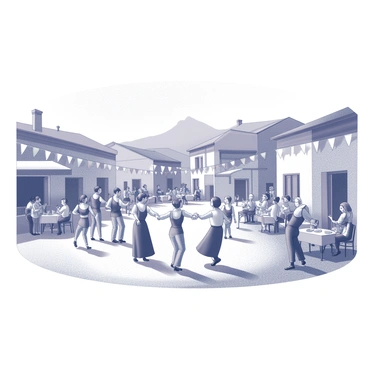 A village scene set near Mont Ventoux during a lively festival. There are several people dancing joyfully in traditional attire, with some holding hands in a circle. A few musicians play lively tunes on instruments such as an accordion and a drum, enhancing the festive atmosphere. Colorful banners and decorations hang between the rustic buildings of the village. Families are gathered at tables, enjoying food and drinks. Children are running around, playing various games, while others are sitting on the grass, clapping and cheering for the performers. The backdrop shows the iconic silhouette of Mont Ventoux under a clear sky.