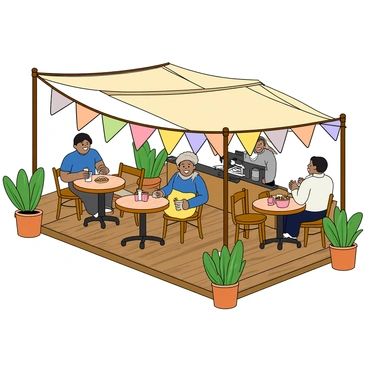 A cozy outdoor café with a rustic wooden patio surrounded by potted plants. The café tables are small and round, each with a colorful tablecloth. Bunting made of triangular flags in various pastel colors is strung across the ceiling, creating a festive atmosphere. A few patrons are sitting at the tables, enjoying their drinks and pastries. The café has large umbrellas providing shade, and soft cushions are placed on the chairs for comfort. A friendly barista is seen behind the counter, preparing coffee with a smile.